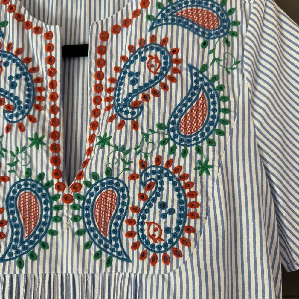 Striped Blue Embroidered Dress - Picture 3 of 3